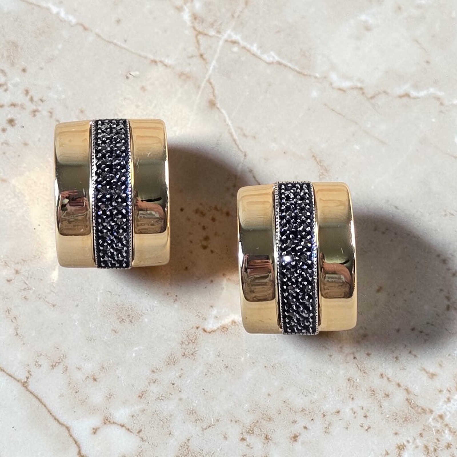 Judith Jack Gold Silver Marcasite Half Hoop Clip On Earrings Two Tone Vintage 80